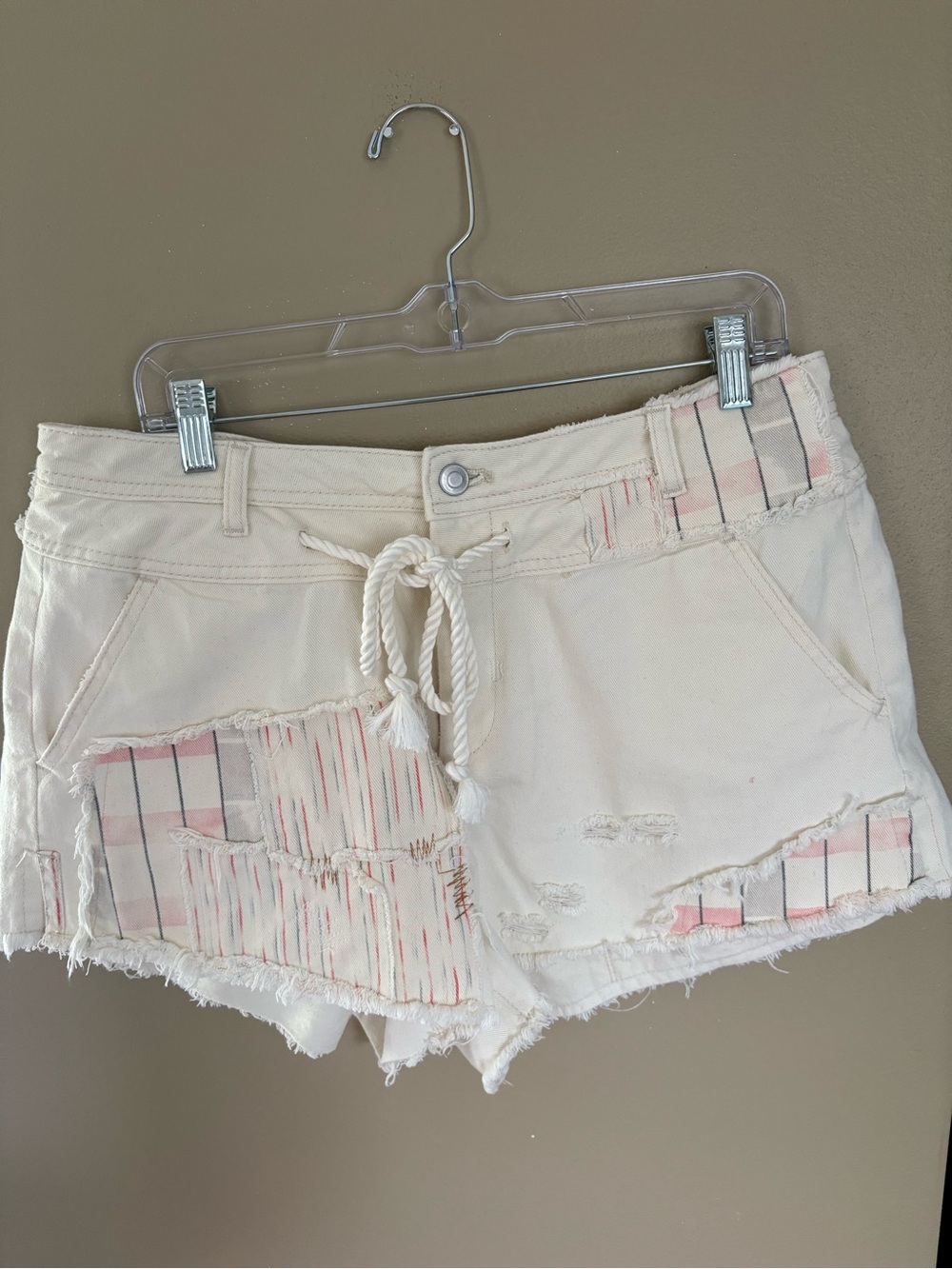 Altar'd State Cream Distressed Drawstring Shorts with Pink Plaid Patches